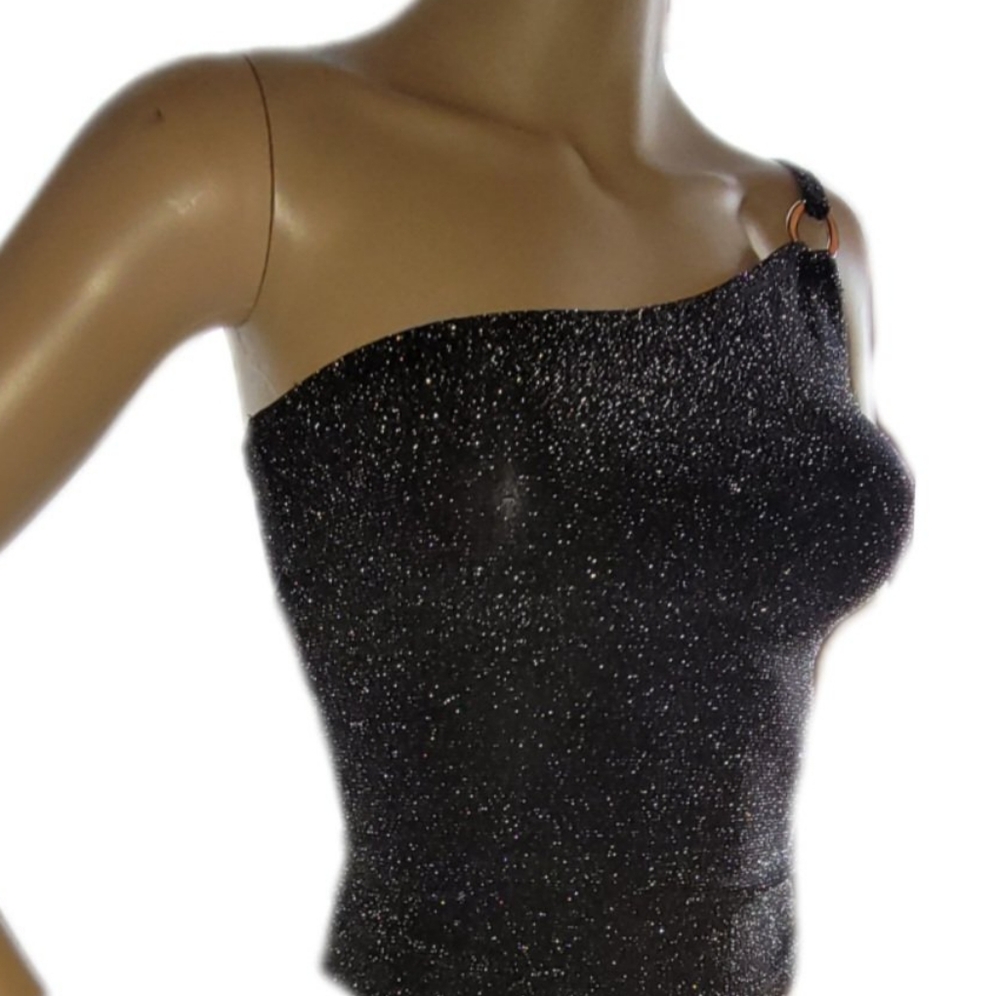 Shimmery black with silver Glitter one shoulder sexy tank top